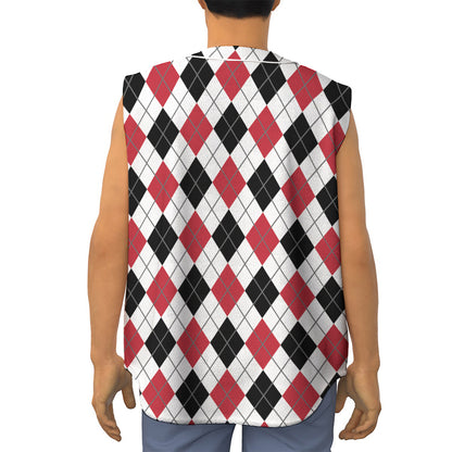 Red Black And White Argyle Pattern Print Sleeveless Baseball Jersey