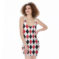 Red Black And White Argyle Pattern Print Sleeveless Bodycon Dress