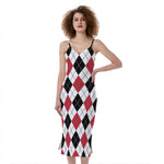Red Black And White Argyle Pattern Print Slim Fit Midi Cami Dress