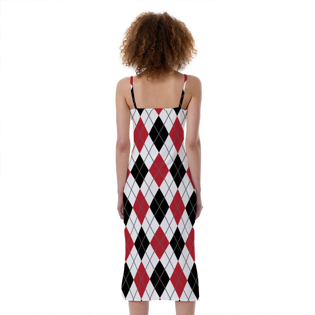 Red Black And White Argyle Pattern Print Slim Fit Midi Cami Dress