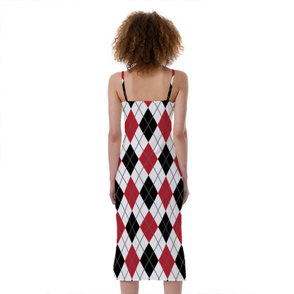 Red Black And White Argyle Pattern Print Slim Fit Midi Cami Dress