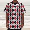 Red Black And White Argyle Pattern Print Textured Short Sleeve Shirt