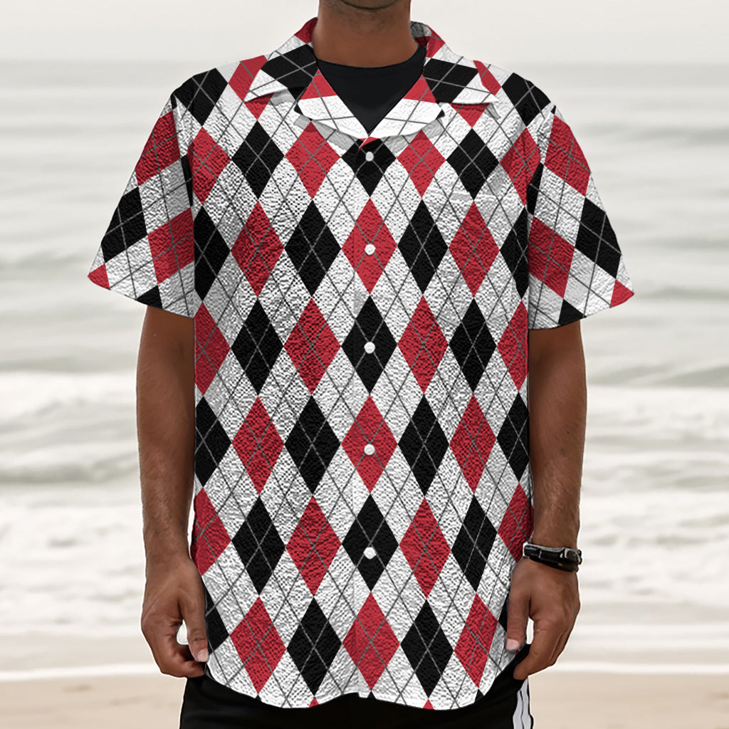 Red Black And White Argyle Pattern Print Textured Short Sleeve Shirt