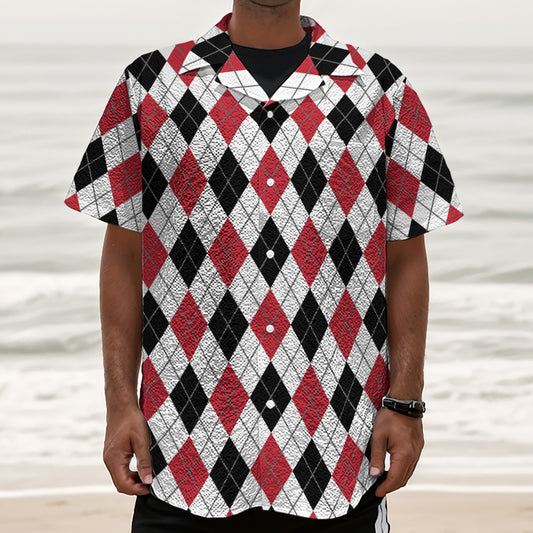 Red Black And White Argyle Pattern Print Textured Short Sleeve Shirt