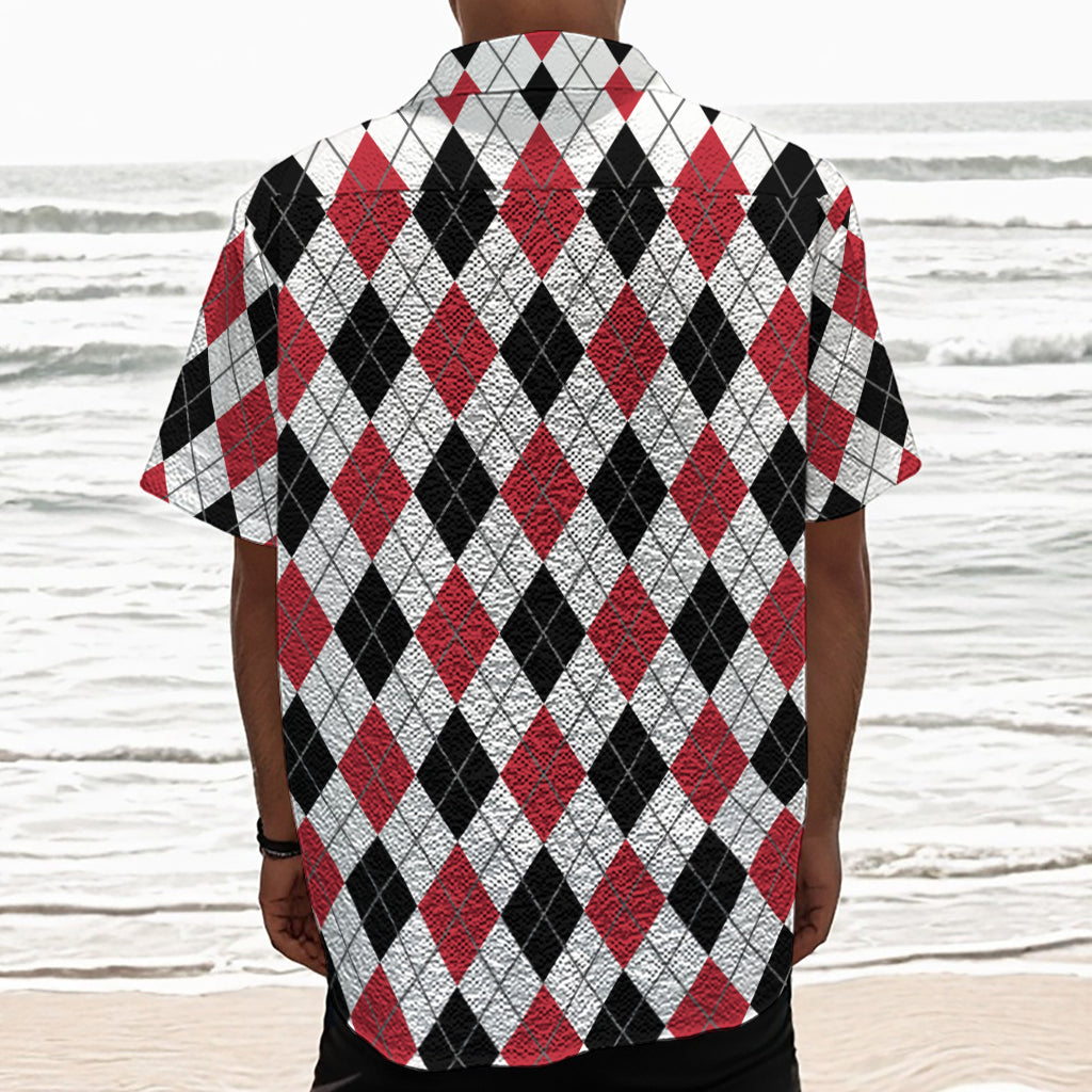Red Black And White Argyle Pattern Print Textured Short Sleeve Shirt