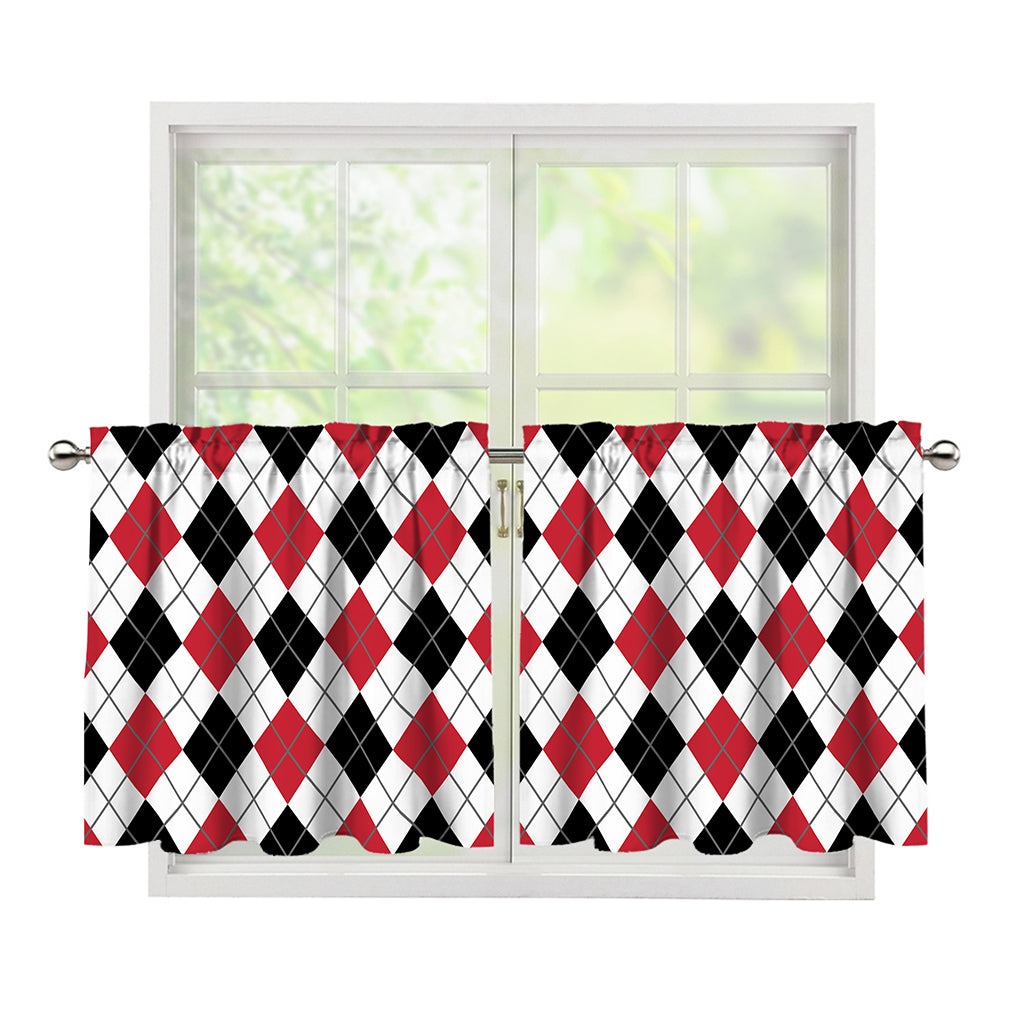 Red Black And White Argyle Pattern Print Tier Curtains