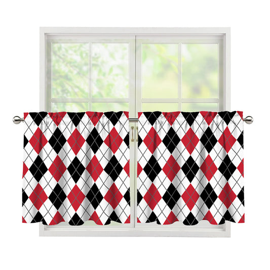 Red Black And White Argyle Pattern Print Tier Curtains