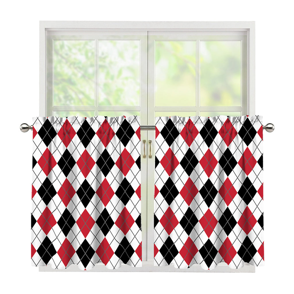 Red Black And White Argyle Pattern Print Tier Curtains