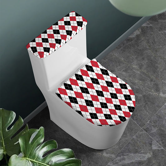 Red Black And White Argyle Pattern Print Toilet Lid And Tank Cover Set