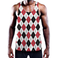 Red Black And White Argyle Pattern Print Men's Workout Tank Top