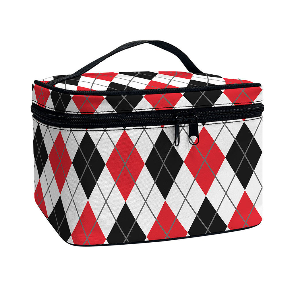 Red Black And White Argyle Pattern Print Travel Makeup Bag