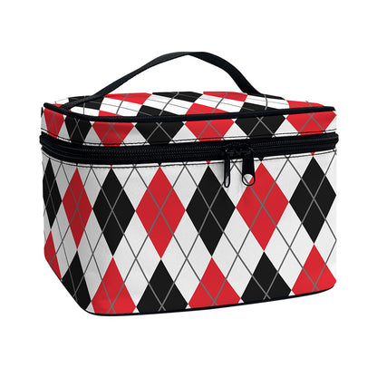 Red Black And White Argyle Pattern Print Travel Makeup Bag