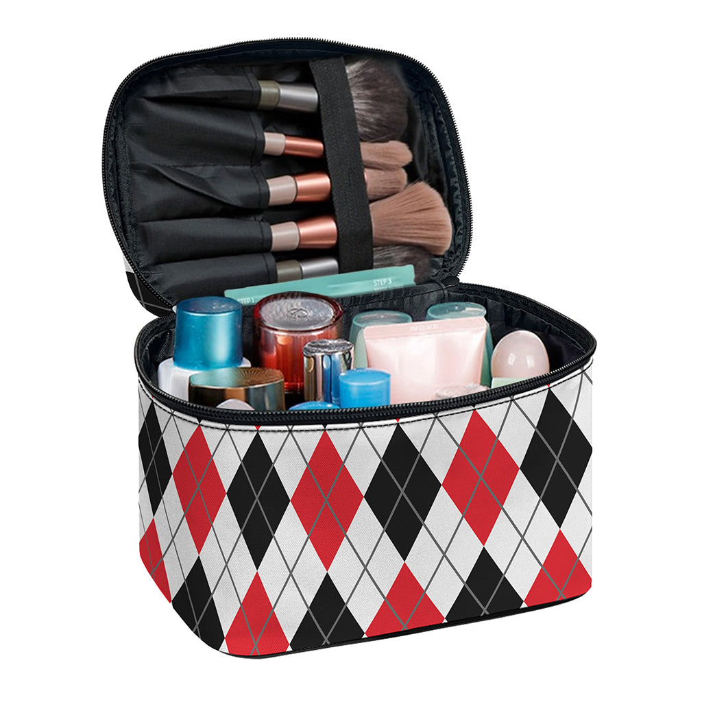Red Black And White Argyle Pattern Print Travel Makeup Bag