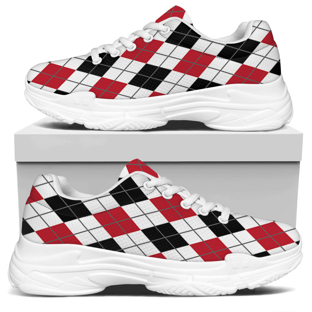 Red Black And White Argyle Pattern Print White Chunky Shoes