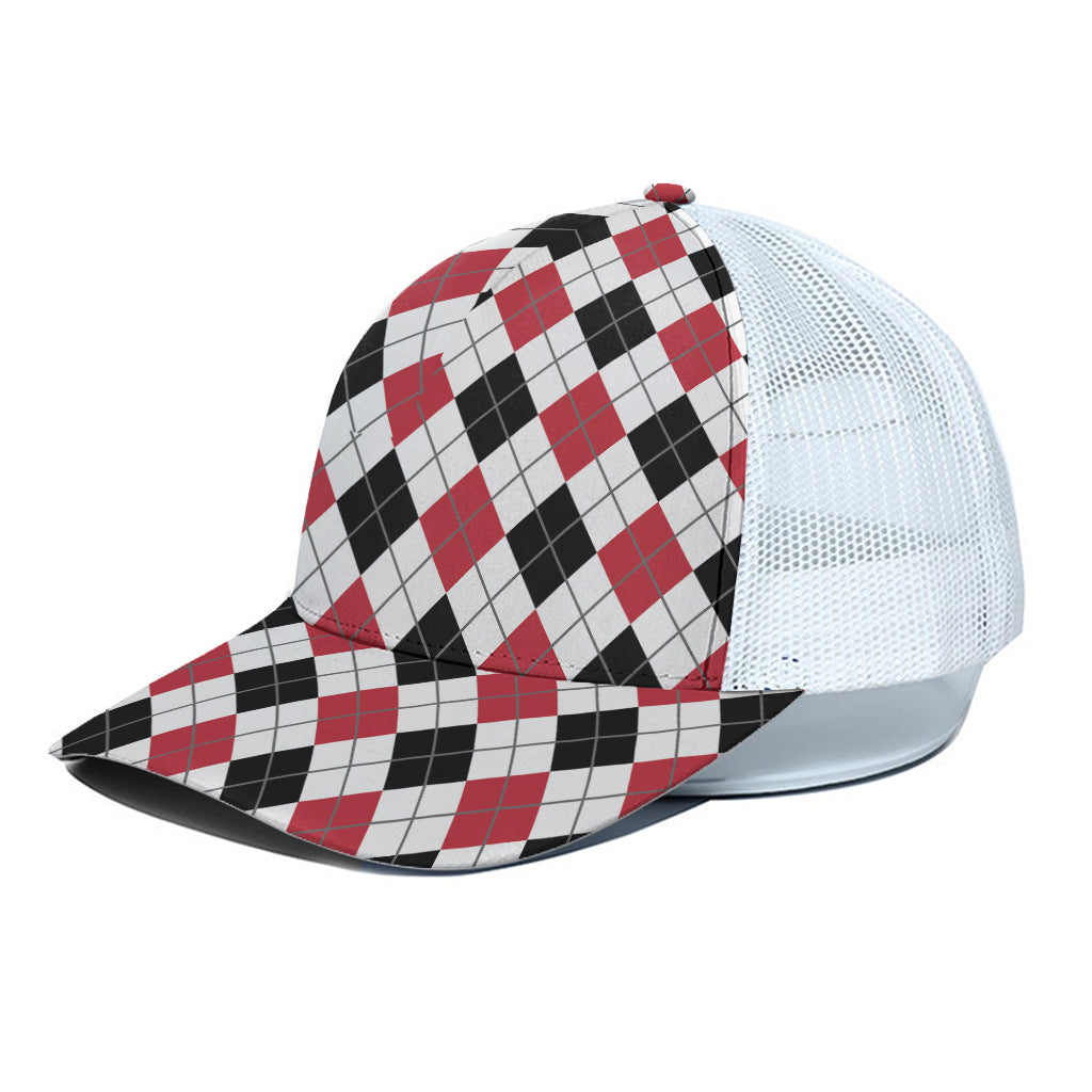 Red Black And White Argyle Pattern Print White Mesh Trucker Cap