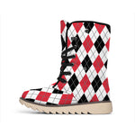 Red Black And White Argyle Pattern Print Winter Boots