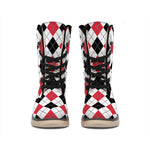 Red Black And White Argyle Pattern Print Winter Boots