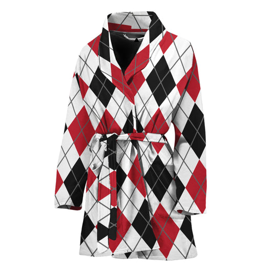 Red Black And White Argyle Pattern Print Women's Bathrobe