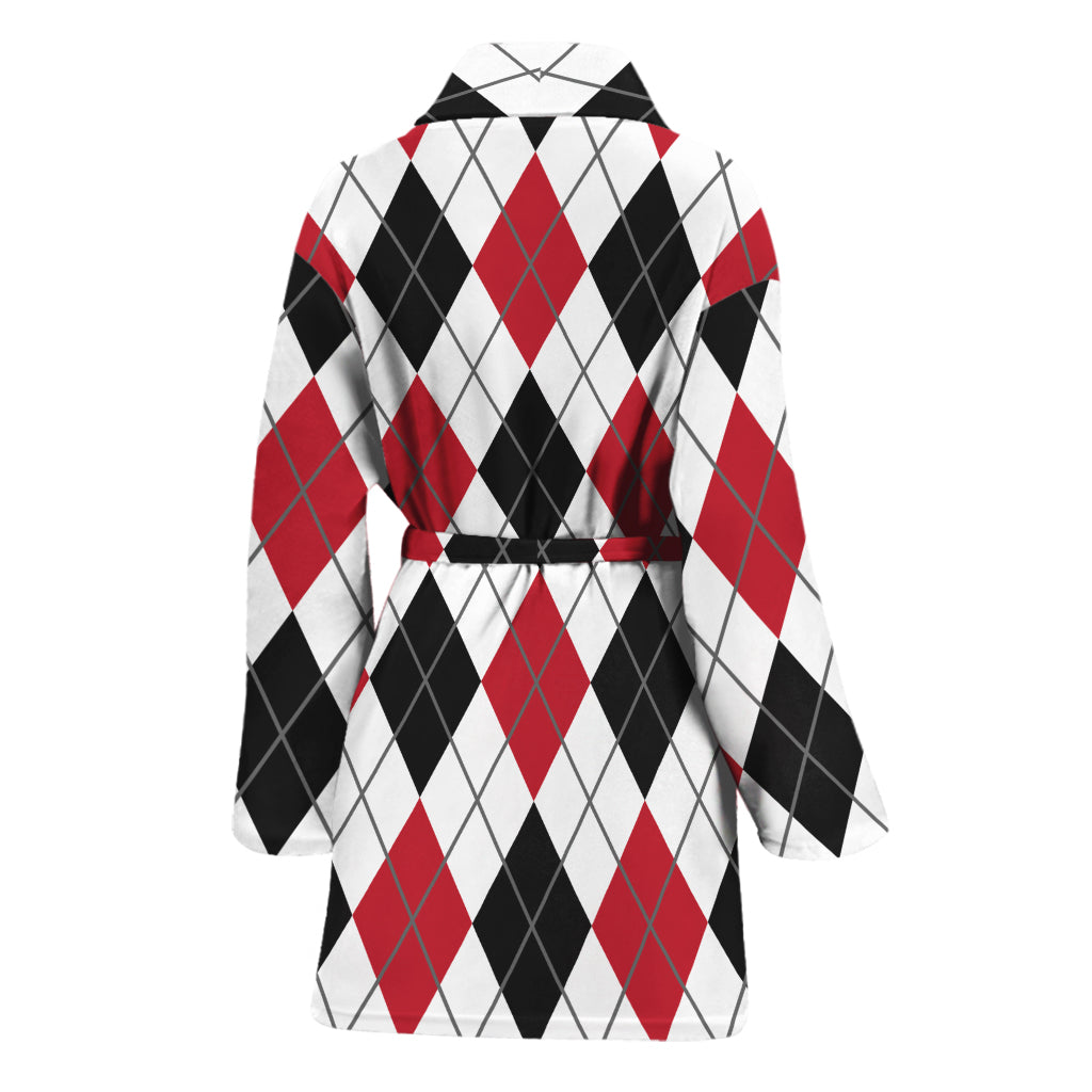 Red Black And White Argyle Pattern Print Women's Bathrobe