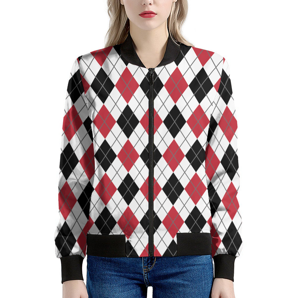 Red Black And White Argyle Pattern Print Women's Bomber Jacket