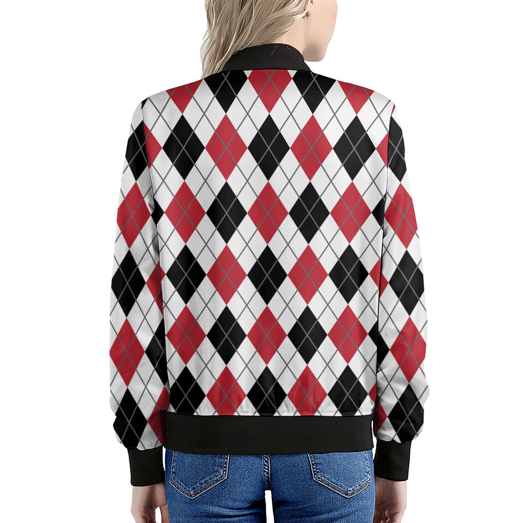 Red Black And White Argyle Pattern Print Women's Bomber Jacket