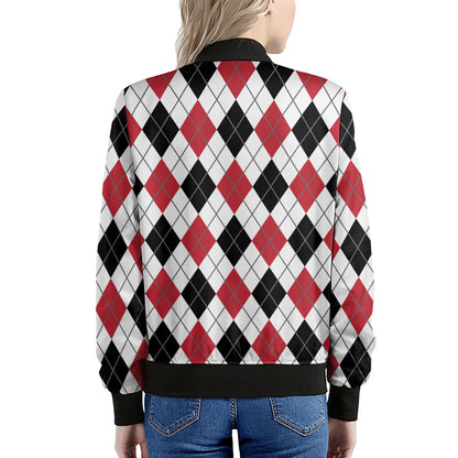 Red Black And White Argyle Pattern Print Women's Bomber Jacket