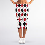 Red Black And White Argyle Pattern Print Women's Capri Leggings