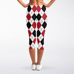 Red Black And White Argyle Pattern Print Women's Capri Leggings