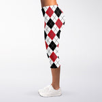 Red Black And White Argyle Pattern Print Women's Capri Leggings