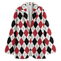 Red Black And White Argyle Pattern Print Women's Cotton Blazer