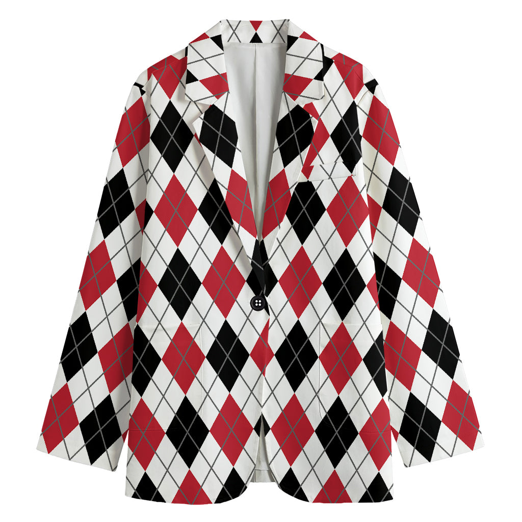 Red Black And White Argyle Pattern Print Women's Cotton Blazer