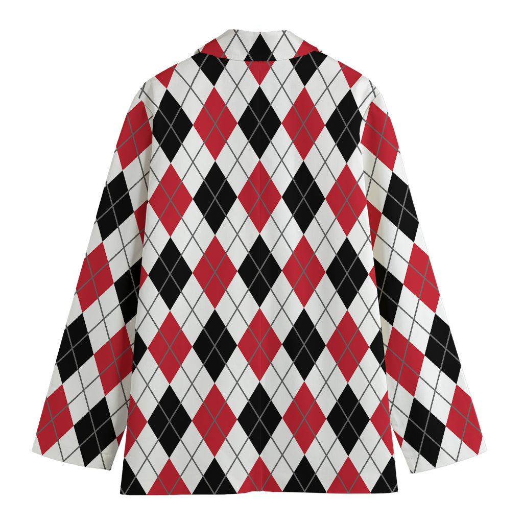 Red Black And White Argyle Pattern Print Women's Cotton Blazer