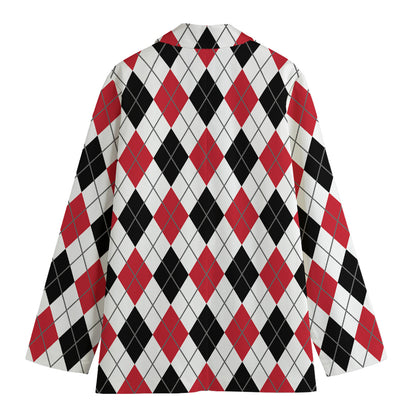 Red Black And White Argyle Pattern Print Women's Cotton Blazer