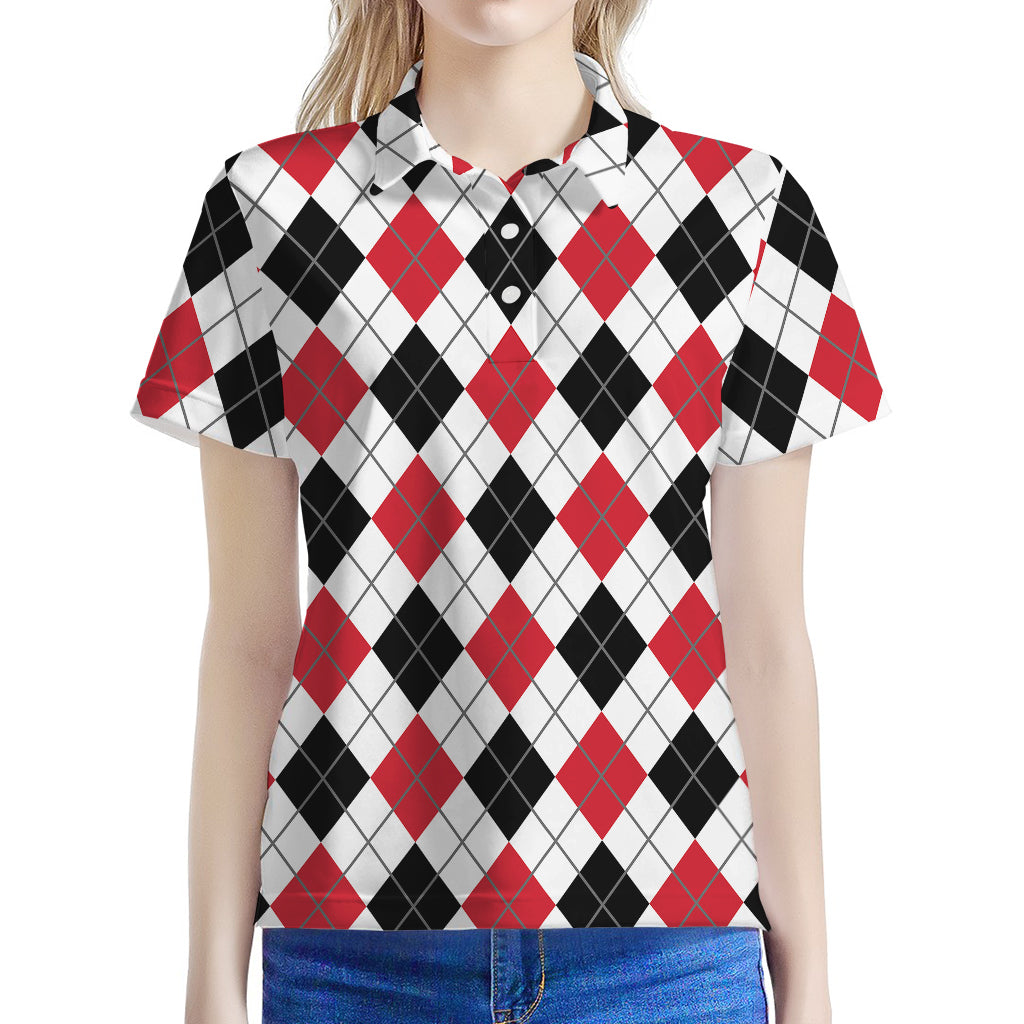 Red Black And White Argyle Pattern Print Women's Polo Shirt