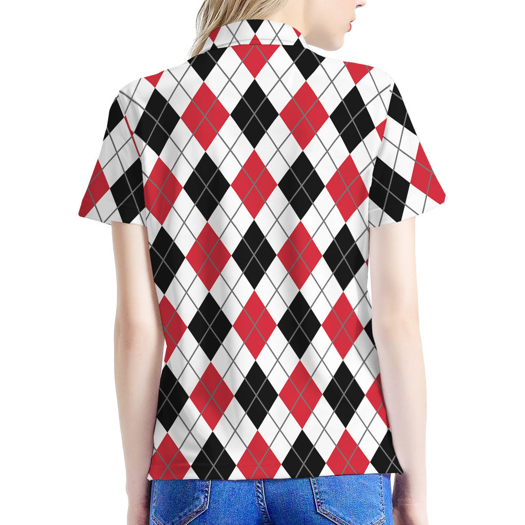 Red Black And White Argyle Pattern Print Women's Polo Shirt