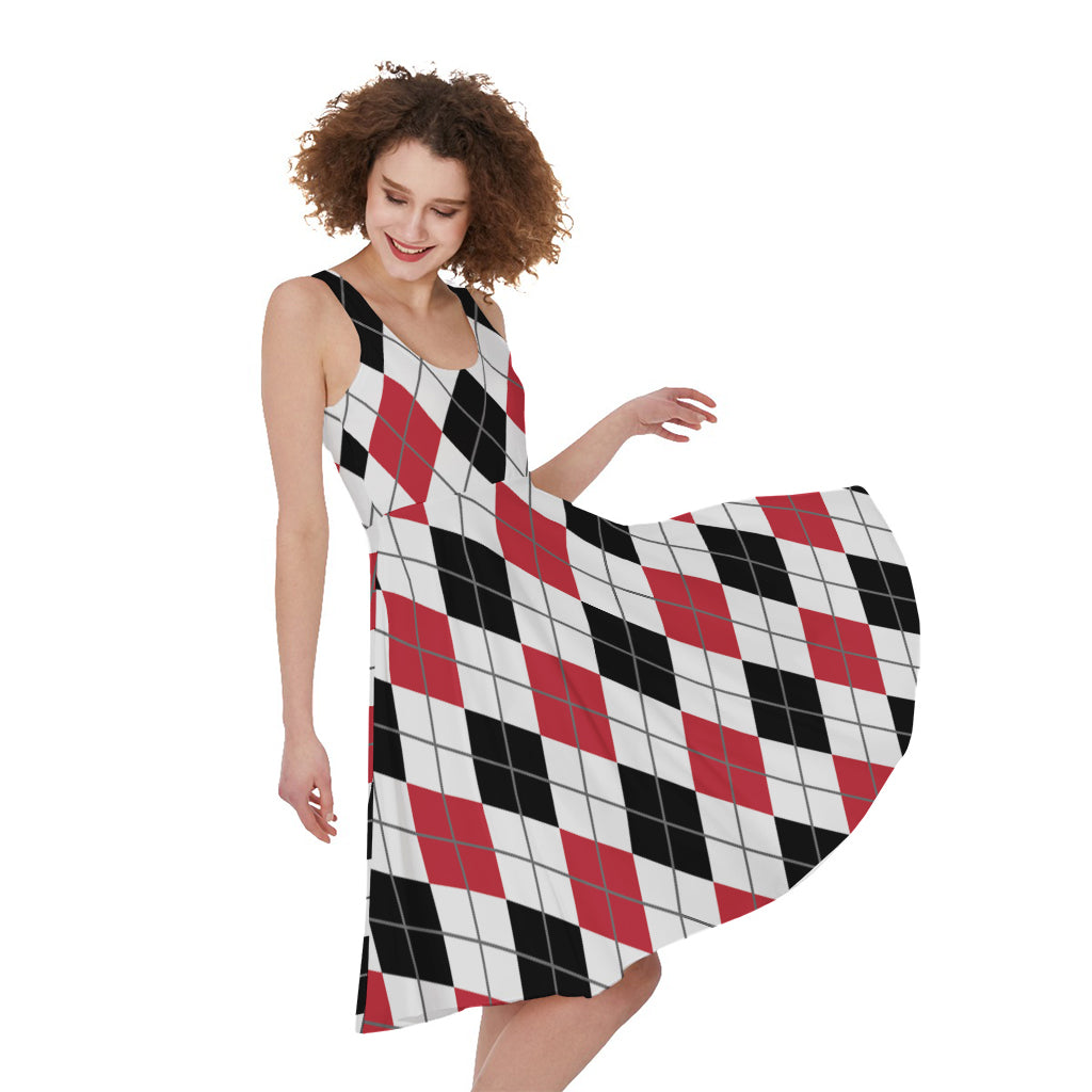 Red Black And White Argyle Pattern Print Women's Sleeveless Dress