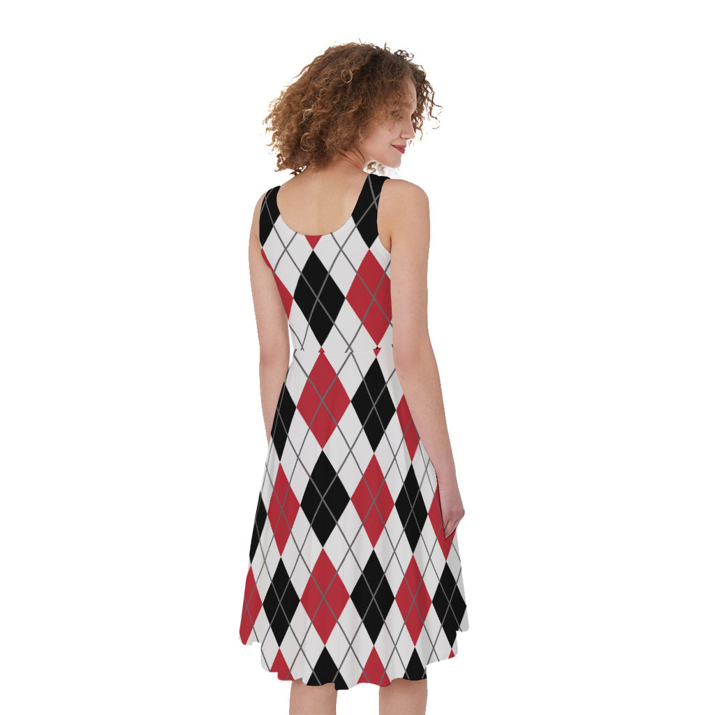 Red Black And White Argyle Pattern Print Women's Sleeveless Dress