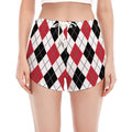 Red Black And White Argyle Pattern Print Women's Split Running Shorts