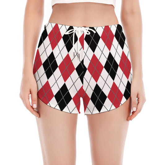 Red Black And White Argyle Pattern Print Women's Split Running Shorts