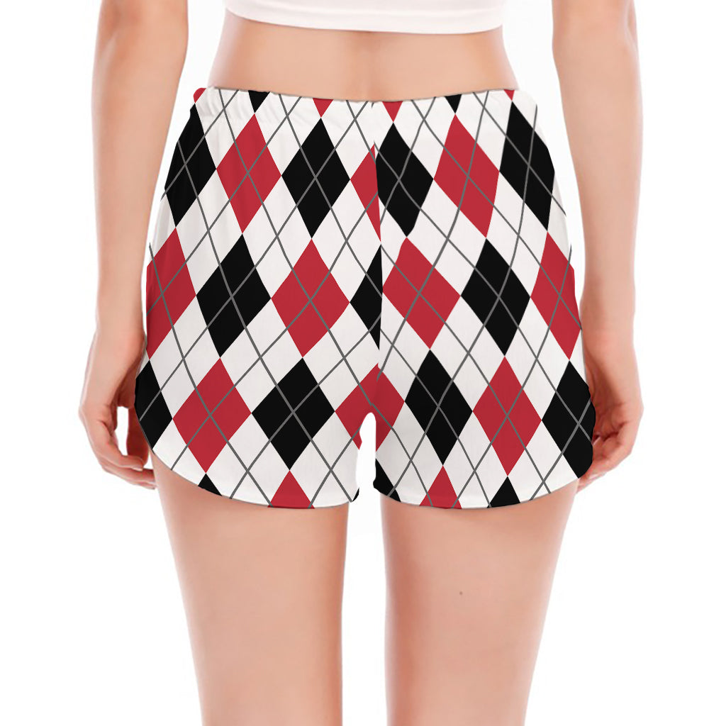 Red Black And White Argyle Pattern Print Women's Split Running Shorts