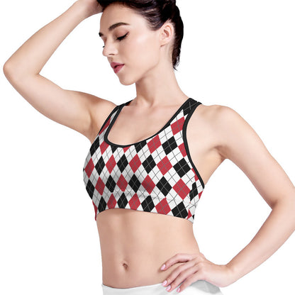 Red Black And White Argyle Pattern Print Women's Sports Bra