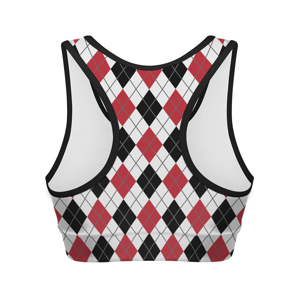 Red Black And White Argyle Pattern Print Women's Sports Bra