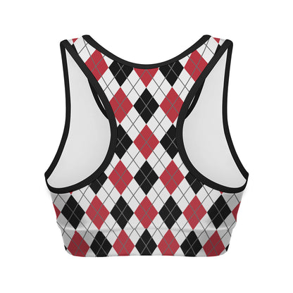 Red Black And White Argyle Pattern Print Women's Sports Bra