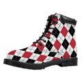 Red Black And White Argyle Pattern Print Padded Collar Lace Up Boots