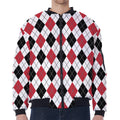 Red Black And White Argyle Pattern Print Zip Sleeve Bomber Jacket