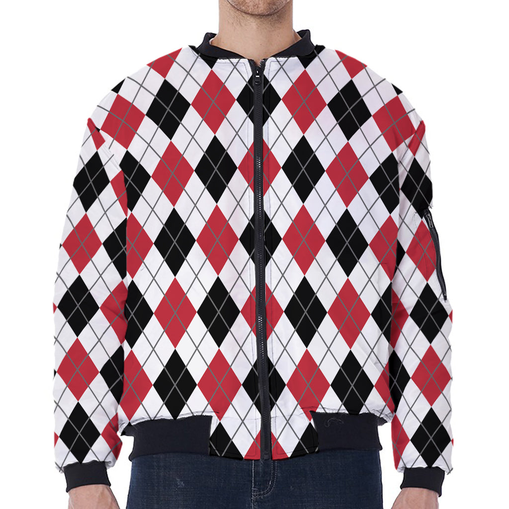 Red Black And White Argyle Pattern Print Zip Sleeve Bomber Jacket