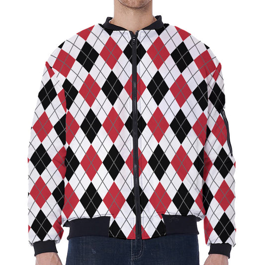 Red Black And White Argyle Pattern Print Zip Sleeve Bomber Jacket