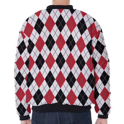 Red Black And White Argyle Pattern Print Zip Sleeve Bomber Jacket