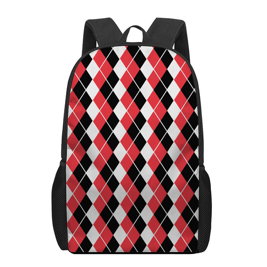 Red Black And White Argyle Print 17 Inch Backpack