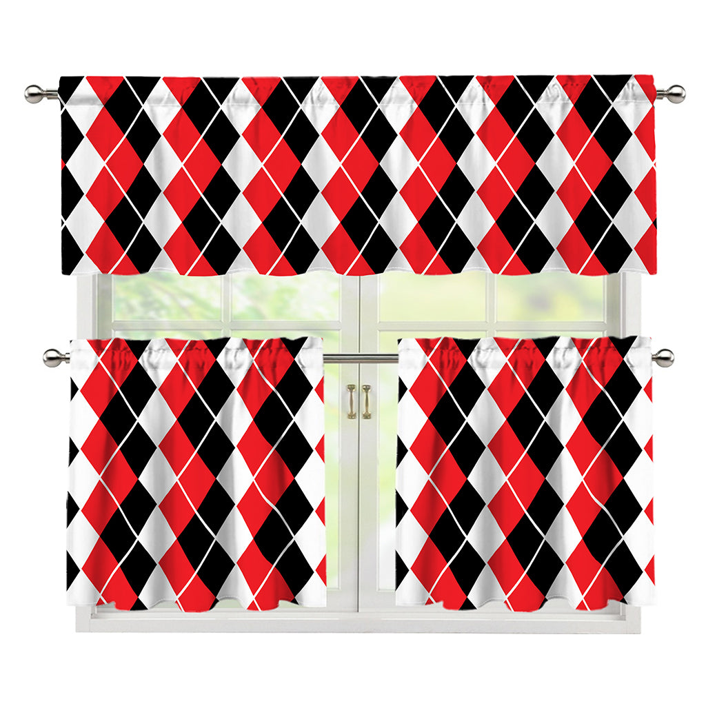 Red Black And White Argyle Print 3 Piece Kitchen Curtains